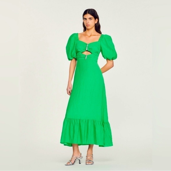NWT SANDRO Falbala Rhinestone Embellished Cutout Midi Dress Green 4 - Picture 1 of 13